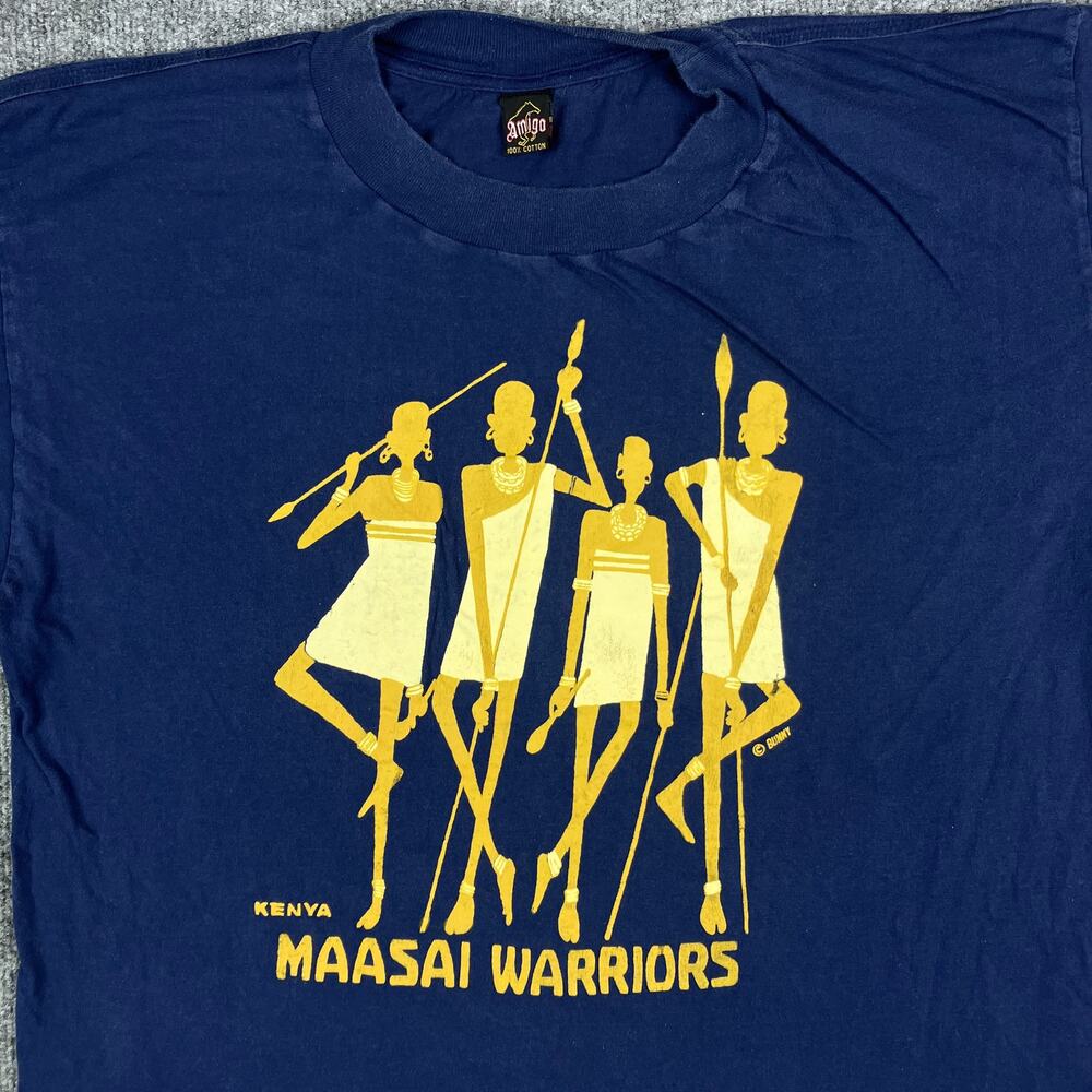 Amigo Mens Large T-Shirt Kenya‎ Maasai Warriors Graphic Navy Blue Tribal Vintage